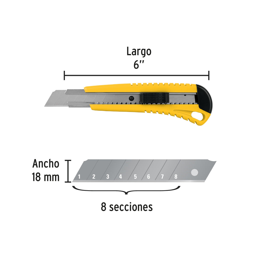 Cutter 18 mm plástico con alma metálica, PRETUL  CUT-6P (22396)