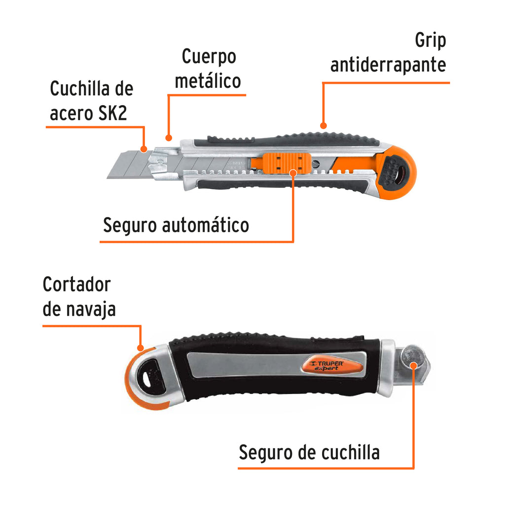 Cutter 18 mm trabajo pesado c/alma metálica y grip, Expert TRUPER CUT-6XX (16976)