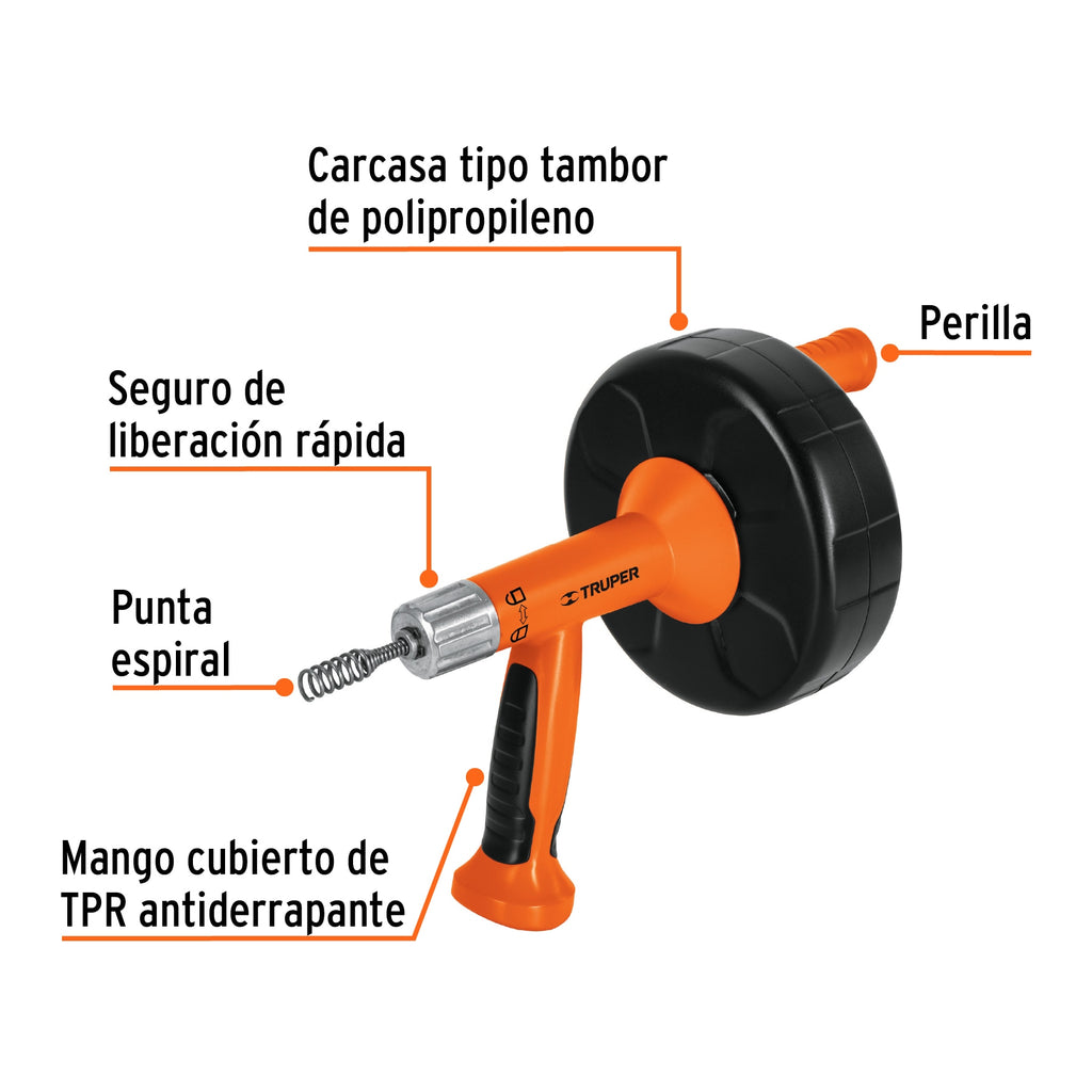 Destapacaños de 7.6 m para taladro, con mango, TRUPER DECA-25X (12280)