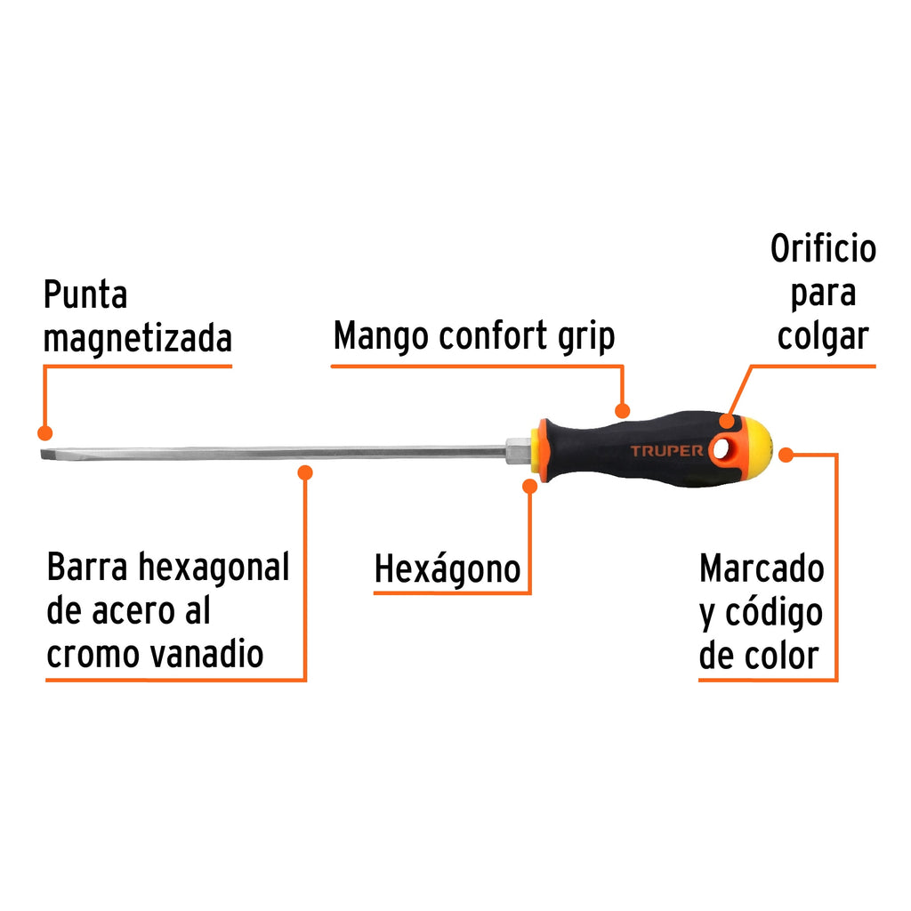 Desarmador cabinet 3/16" x 8" mango Comfort Grip, TRUPER DG-3/16X8B (14043)