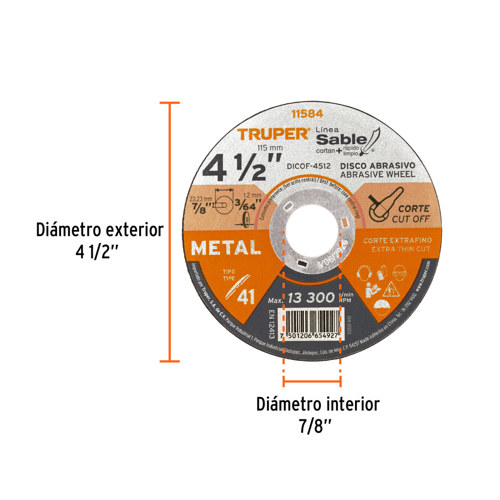 Disco Tipo 41 de 4-1/2" x 1.2 mm corte fino de metal, TRUPER DICOF-4512 (11584)