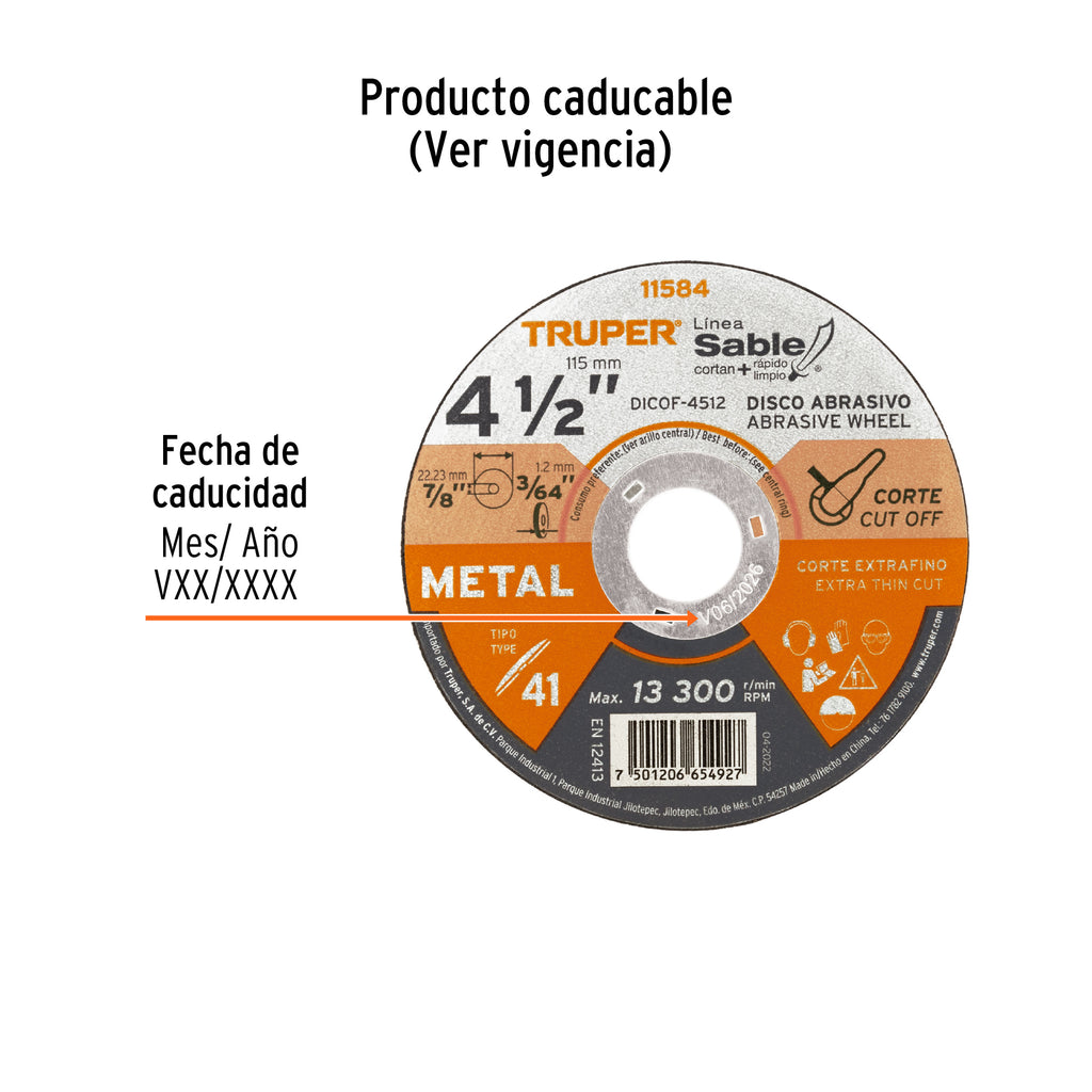 Disco Tipo 41 de 4-1/2" x 1.2 mm corte fino de metal, TRUPER DICOF-4512 (11584)