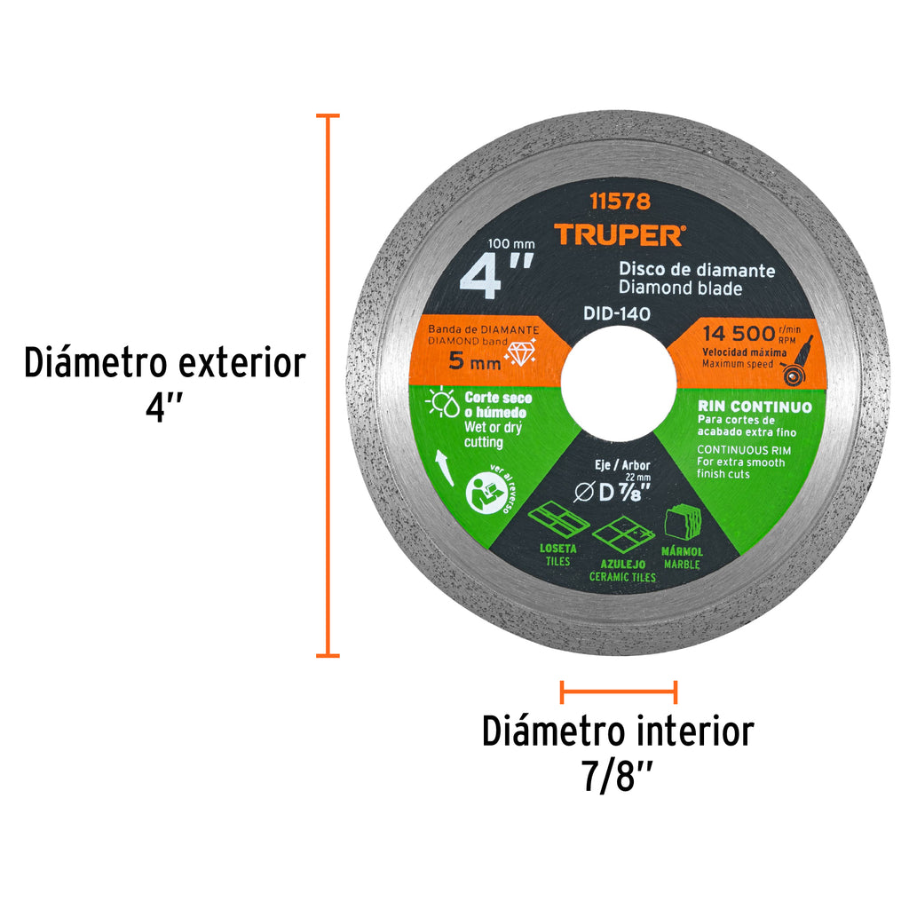 Disco de diamante de 4" x 1.6 mm rin continuo, TRUPER DID-140 (11578)