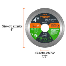 Cargar imagen en el visor de la galería, Disco de diamante de 4&quot; x 1.6 mm rin continuo, TRUPER DID-140 (11578)