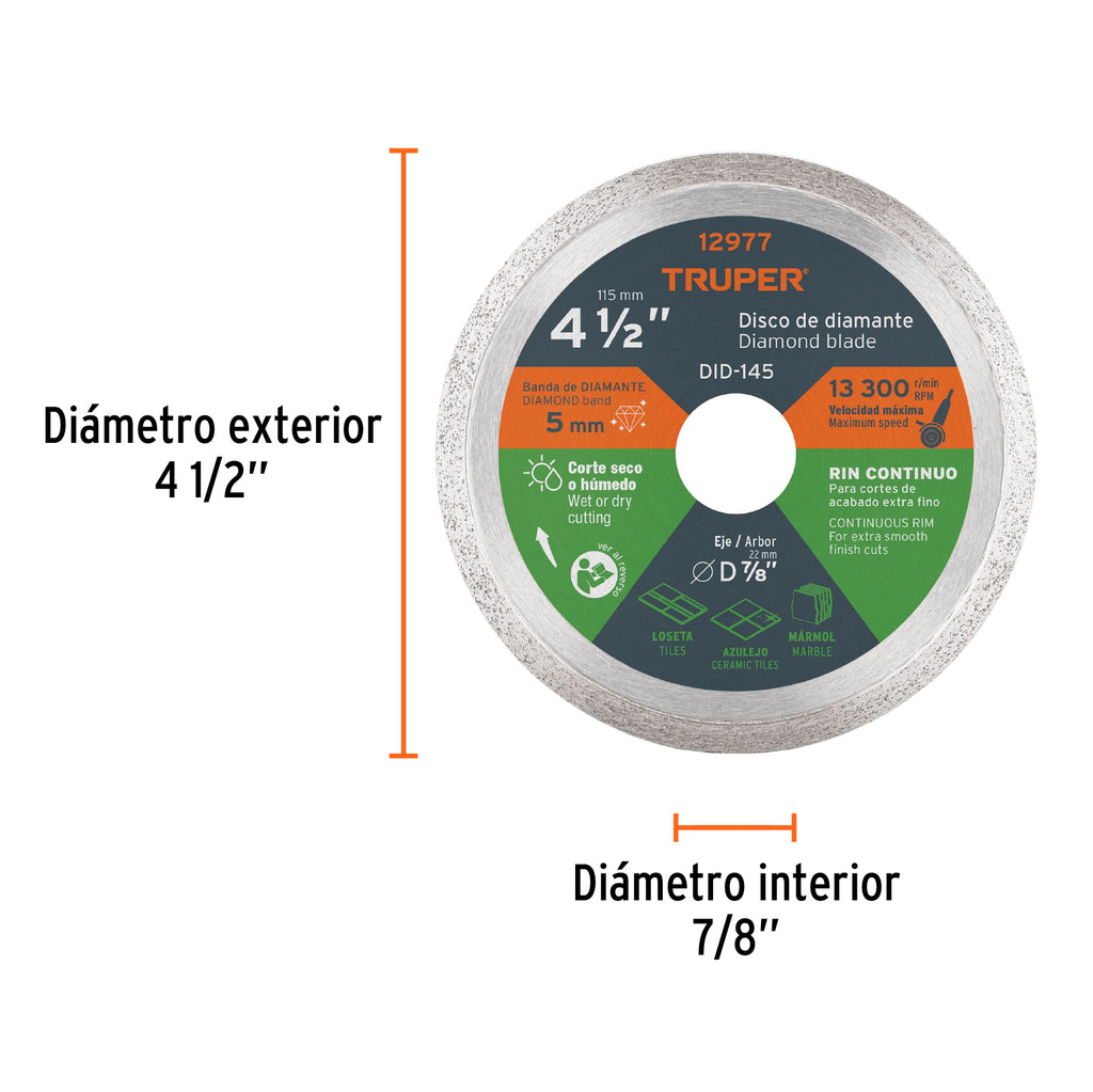 Disco de diamante de 4-1/2" x 1.6 mm rin continuo, TRUPER DID-145 (12977)