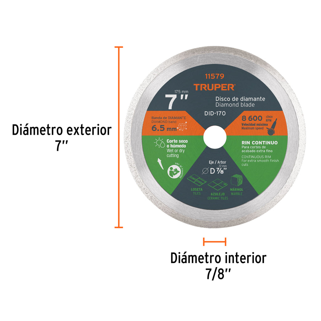 Disco de diamante de 7" x 2.2 mm rin continuo, TRUPER DID-170 (11579)