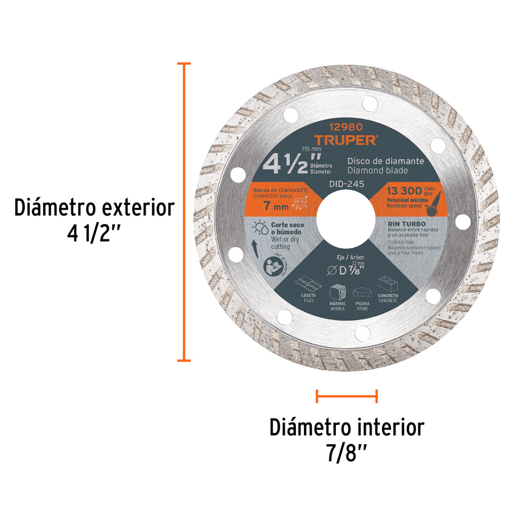 Disco de diamante de 4-1/2" x 2.2 mm rin turbo, TRUPER DID-245 (12980)