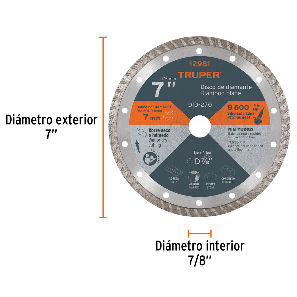 Disco de diamante de 7" x 2.8 mm rin turbo, TRUPER DID-270 (12981)