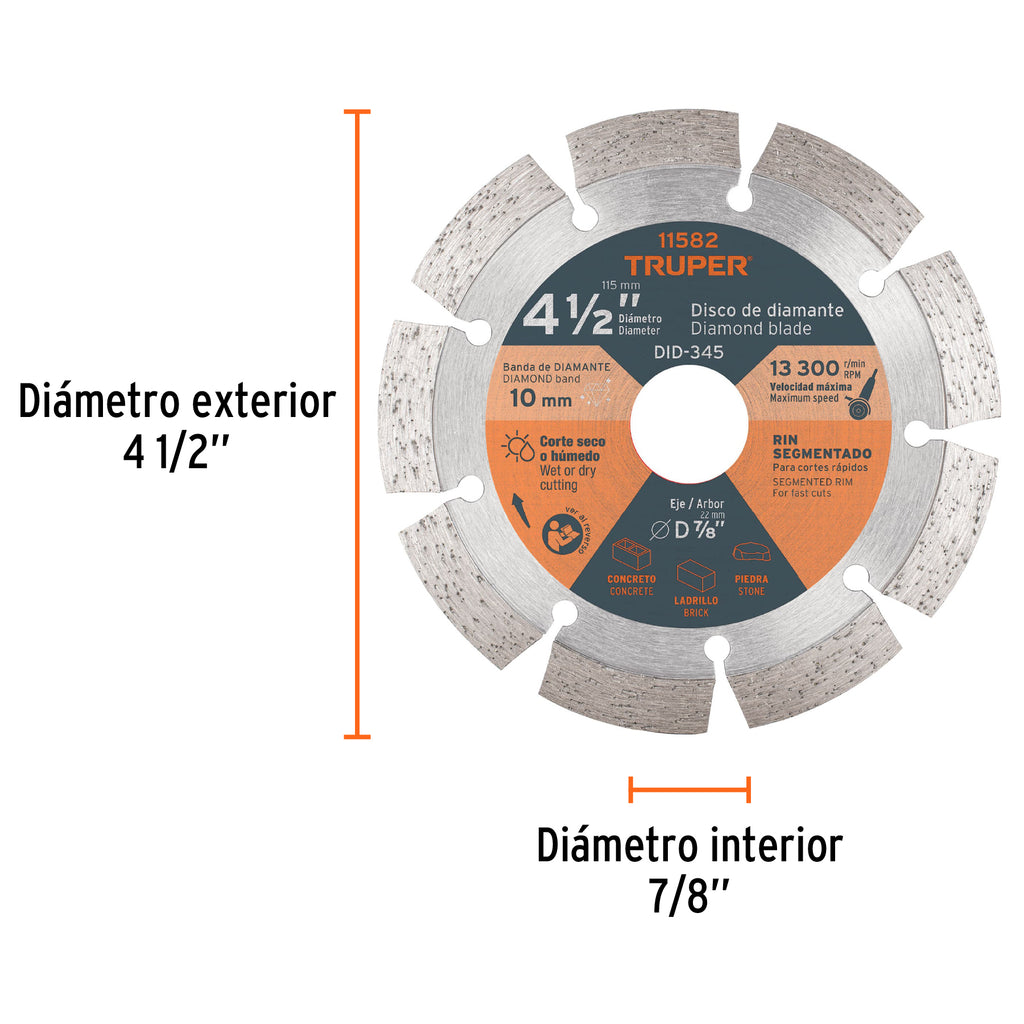 Disco de diamante de 4-1/2" x 2.1 mm rin segmentado, TRUPER DID-345 (11582)