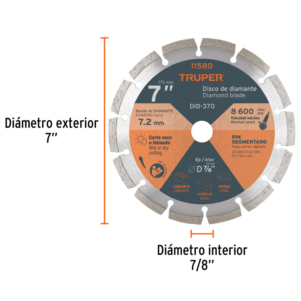 Disco de diamante de 7" x 2.5 mm rin segmentado, TRUPER DID-370 (11580)