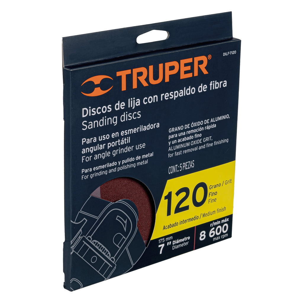 Disco de lija de 7" con respaldo de fibra, grano 120, TRUPER DILF-7120 (100163)