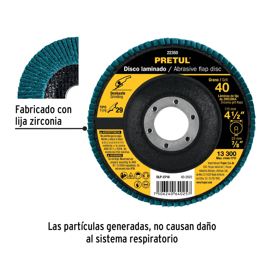 Disco 4-1/2" laminado grano 40 centro 7/8", PRETUL DLP-2716 (22350)