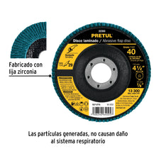 Cargar imagen en el visor de la galería, Disco 4-1/2&quot; laminado grano 40 centro 7/8&quot;, PRETUL DLP-2716 (22350)