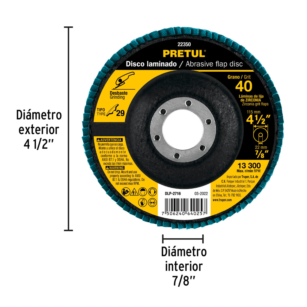 Disco 4-1/2" laminado grano 40 centro 7/8", PRETUL DLP-2716 (22350)