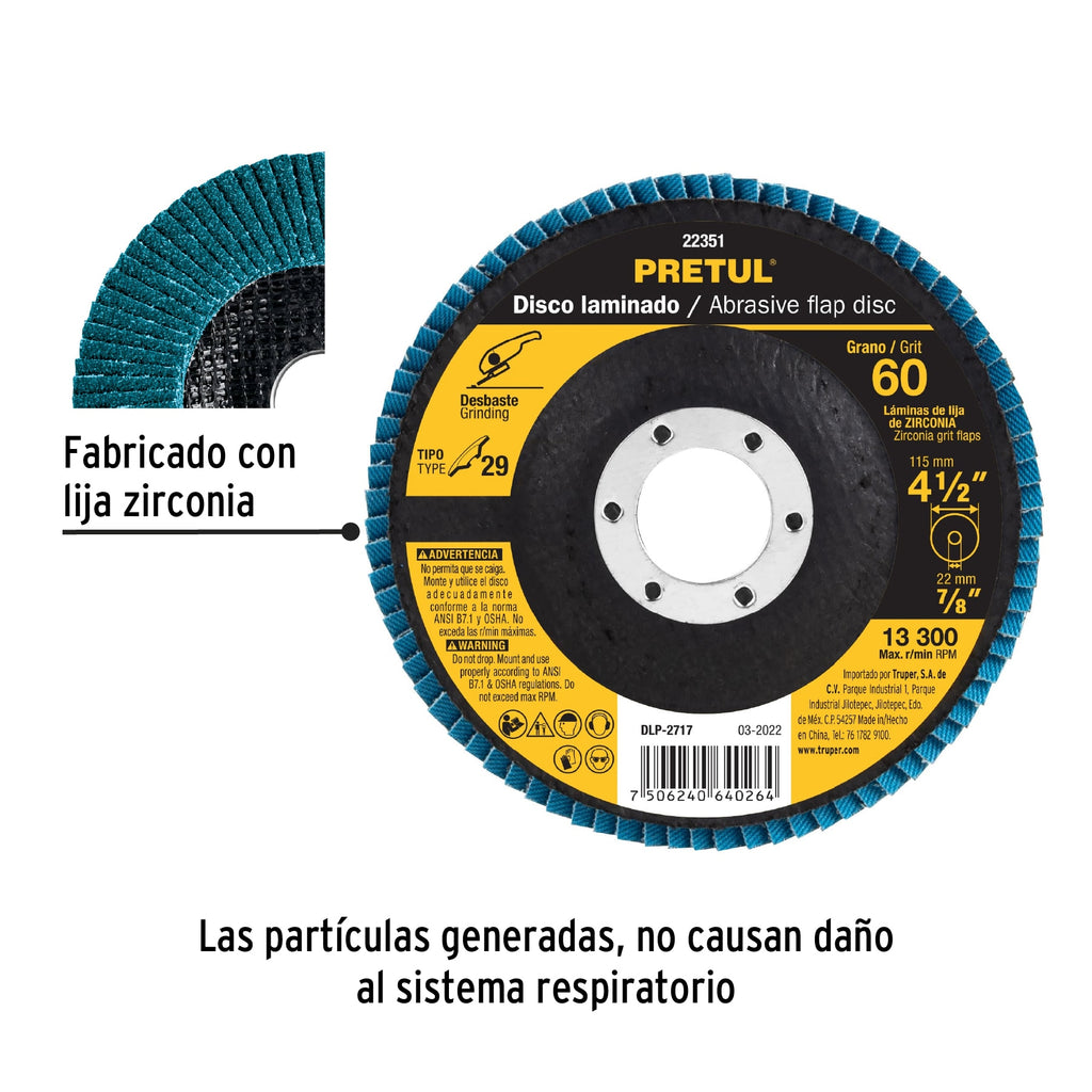 Disco 4-1/2" laminado grano 60 centro 7/8", PRETUL DLP-2727 (22351)