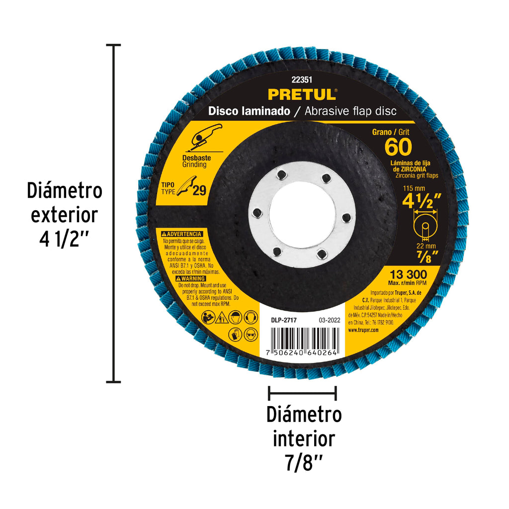 Disco 4-1/2" laminado grano 60 centro 7/8", PRETUL DLP-2727 (22351)