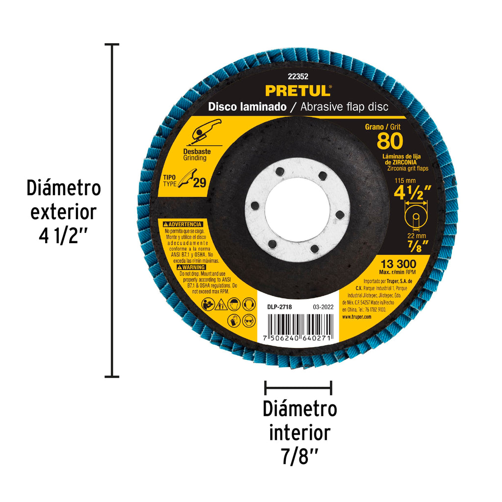 Disco 4-1/2" laminado grano 80 centro 7/8", PRETUL DLP-2718 (22352)