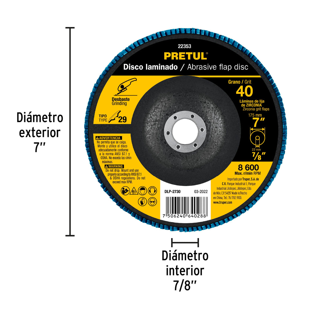 Disco 7" laminado grano 40 centro 7/8", PRETUL DLP-2730 (22353)