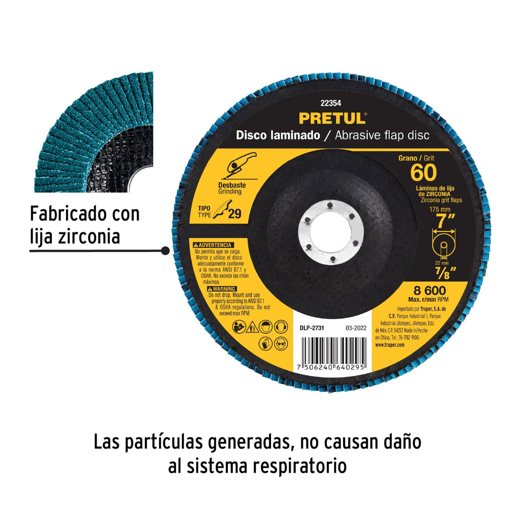 Disco 7" laminado grano 60 centro 7/8", PRETUL DLP-2731 (22354)