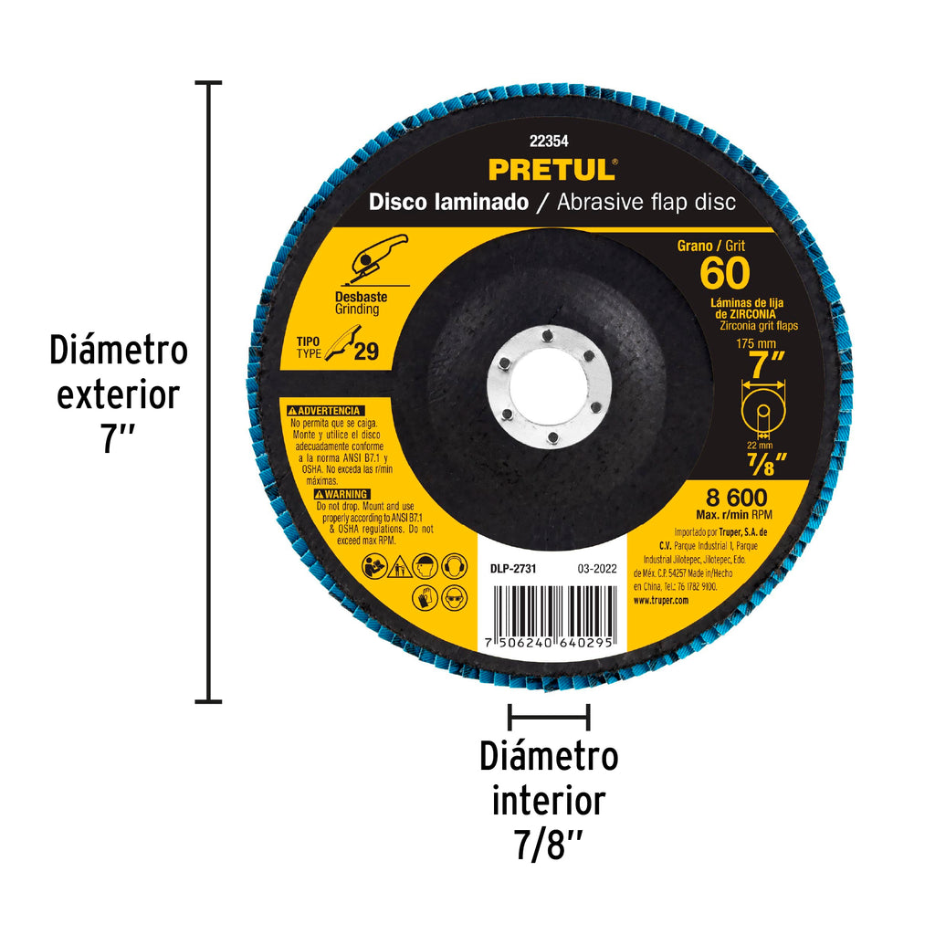 Disco 7" laminado grano 60 centro 7/8", PRETUL DLP-2731 (22354)