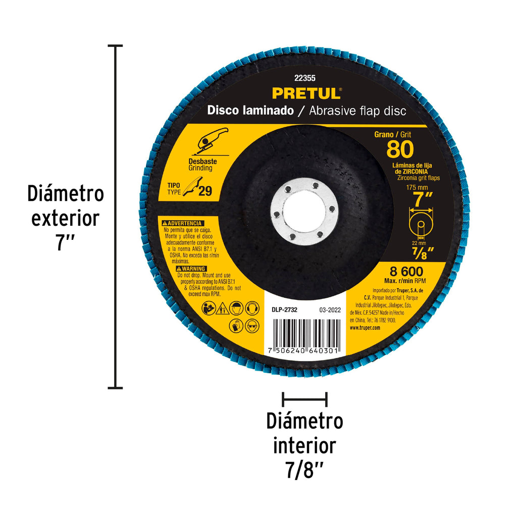 Disco 7" laminado grano 80 centro 7/8", PRETUL DLP-2732 (22355)