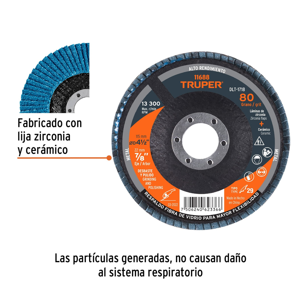 Disco 4-1/2" laminado grano 80 centro 7/8", TRUPER DLT-1718 (11688)