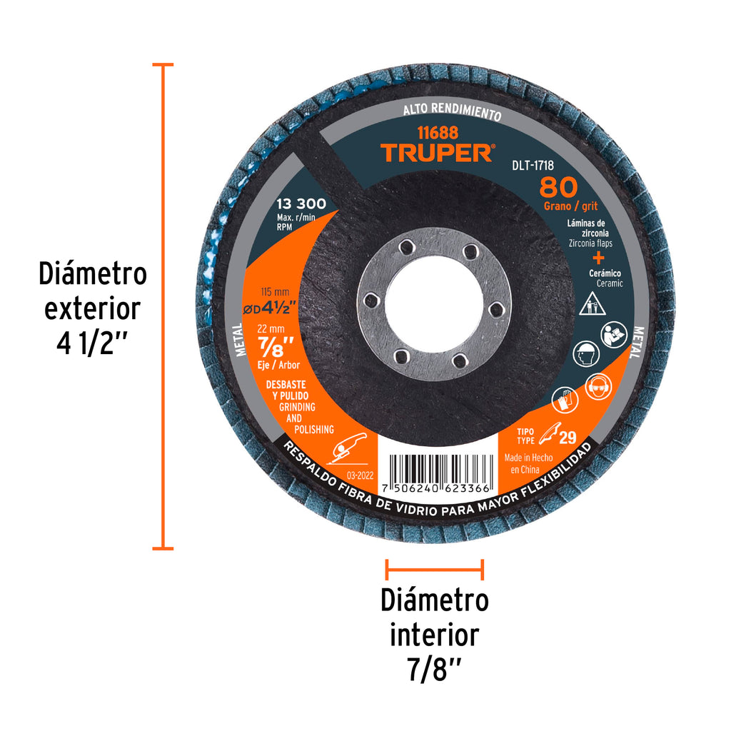 Disco 4-1/2" laminado grano 80 centro 7/8", TRUPER DLT-1718 (11688)