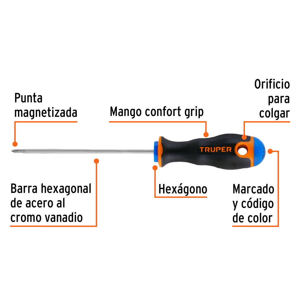 Desarmador de cruz 1/8" x 4" mango Comfort Grip, TRUPER DP-1/8X4B (14055)