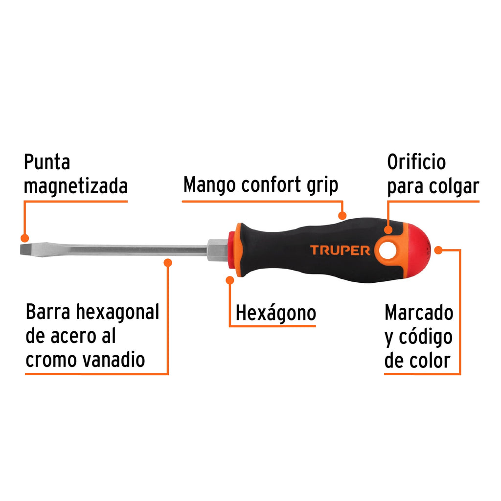 Desarmador plano 3/16" x 4" mango Comfort Grip, TRUPER DR-3/16X4B (13992)