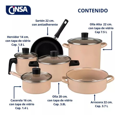 Batería de cocina Albania 10 piezas, CINSA peltre pesado con antiadherente color beige