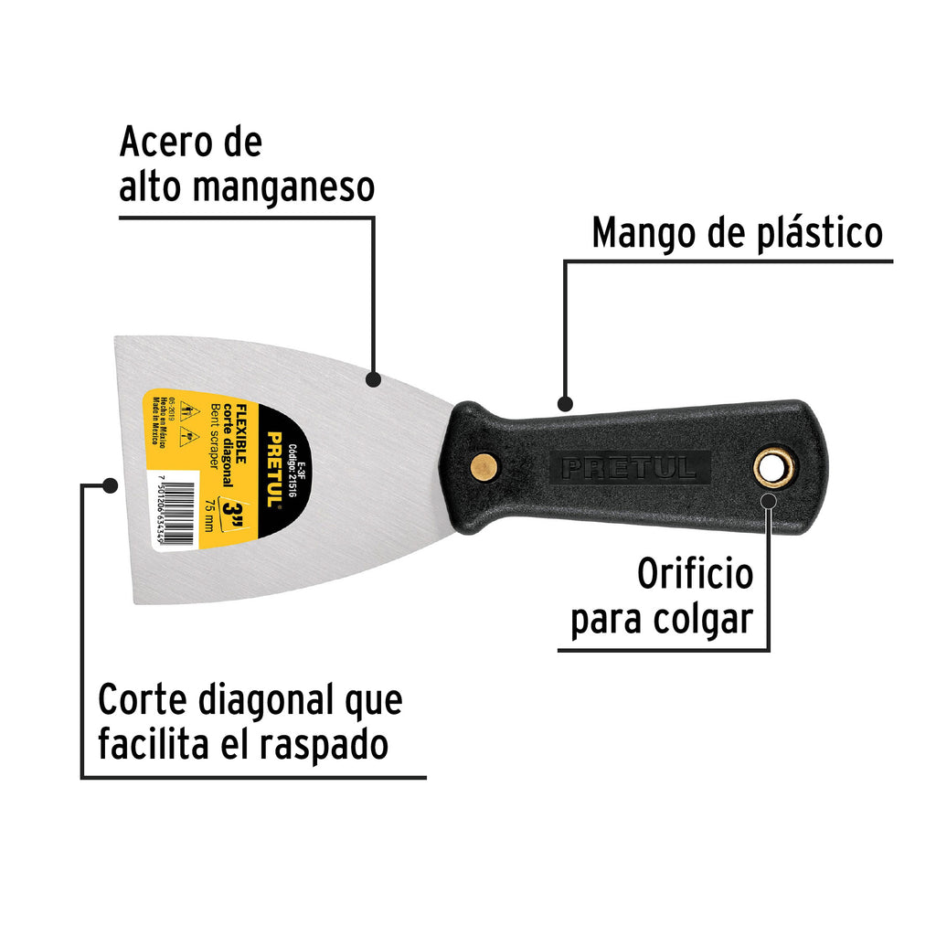 Espátula flexible 3" con mango de plástico, PRETUL E-3F (21516)