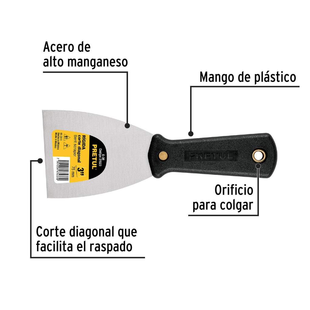 Espátula rígida 3" con mango de plástico, PRETUL E-3R (21523)