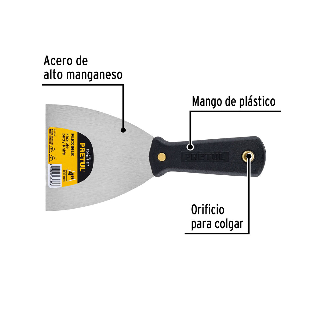 Espátula flexible 4" con mango de plástico, PRETUL E-4F (21517)