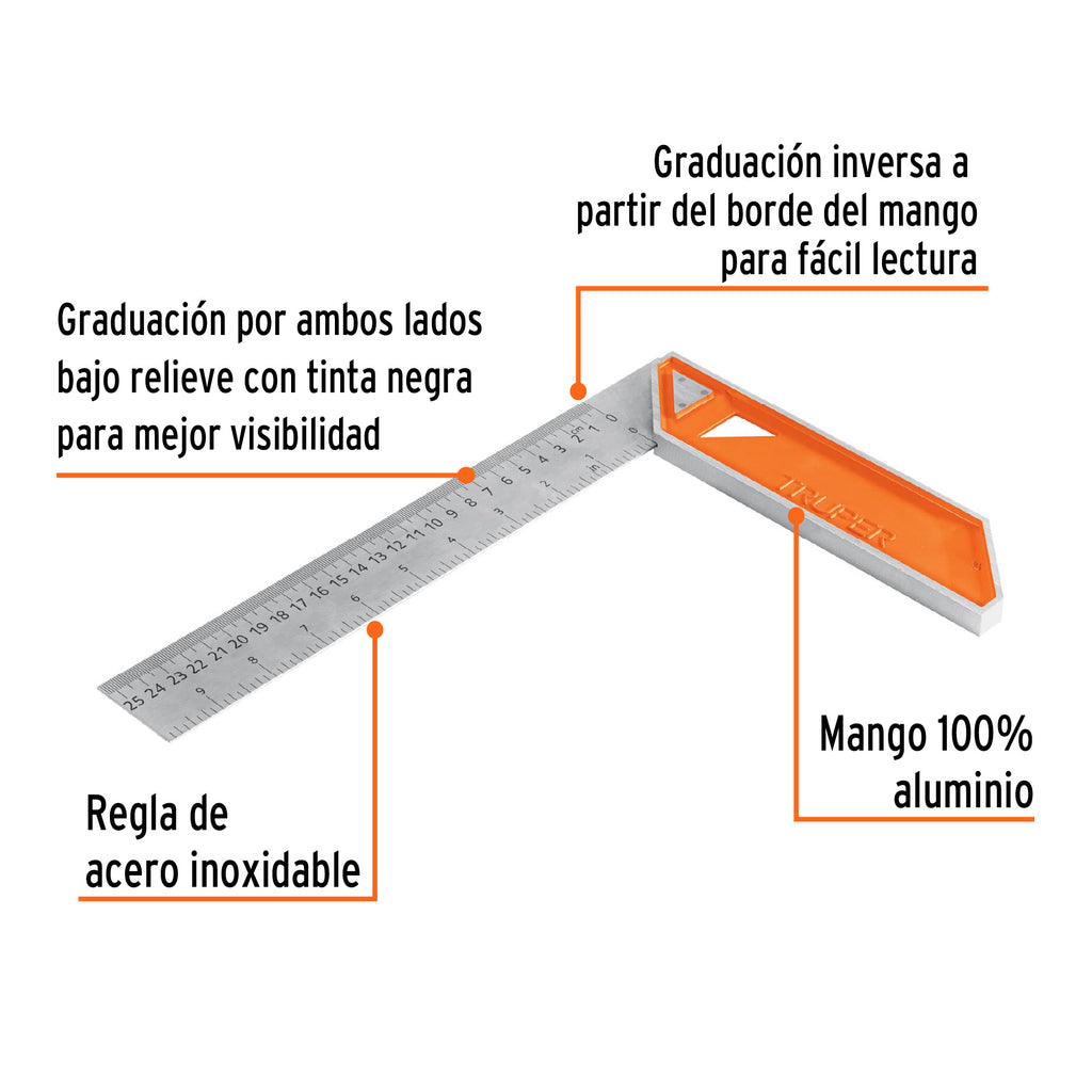 Escuadra 10" para carpintero con mango 100% de aluminio TRUPER EC-10 (14374)