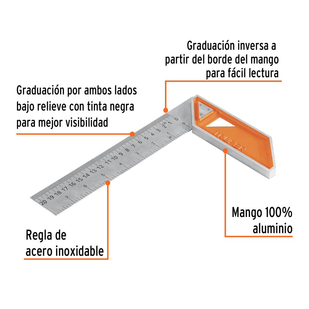 Escuadra 8" para carpintero con mango 100% de aluminio TRUPER EC-8 (14372)