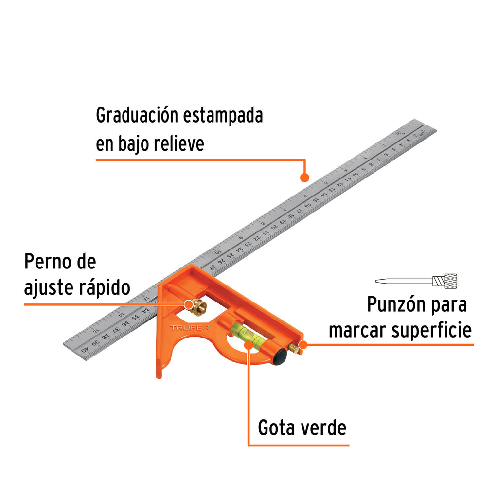 Escuadra 16" de combinación con punzón para marcar, TRUPER ECT-16 (14381)