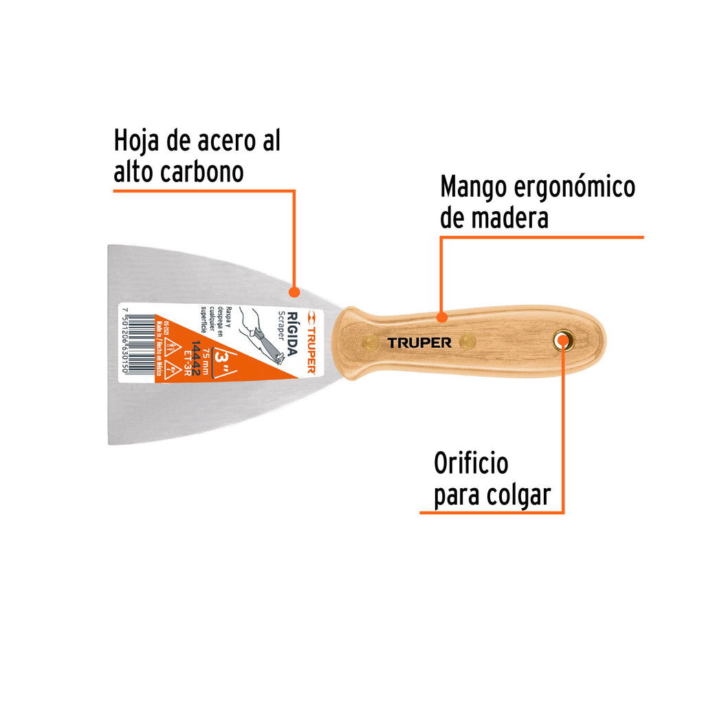 Espátula rígida 3" con mango de madera, TRUPER ET-3R (14442)