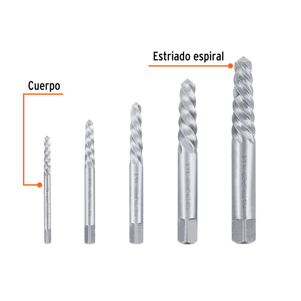 Juego con 5 extractores de tornillos, TRUPER EXT-5 (14512)