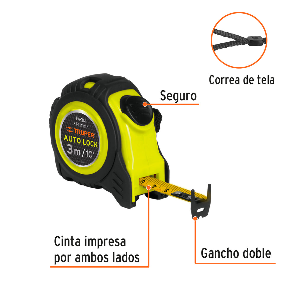 Flexómetro Auto-Lock contra impactos 3 m cinta 16 mm TRUPER FA-3M (10746)