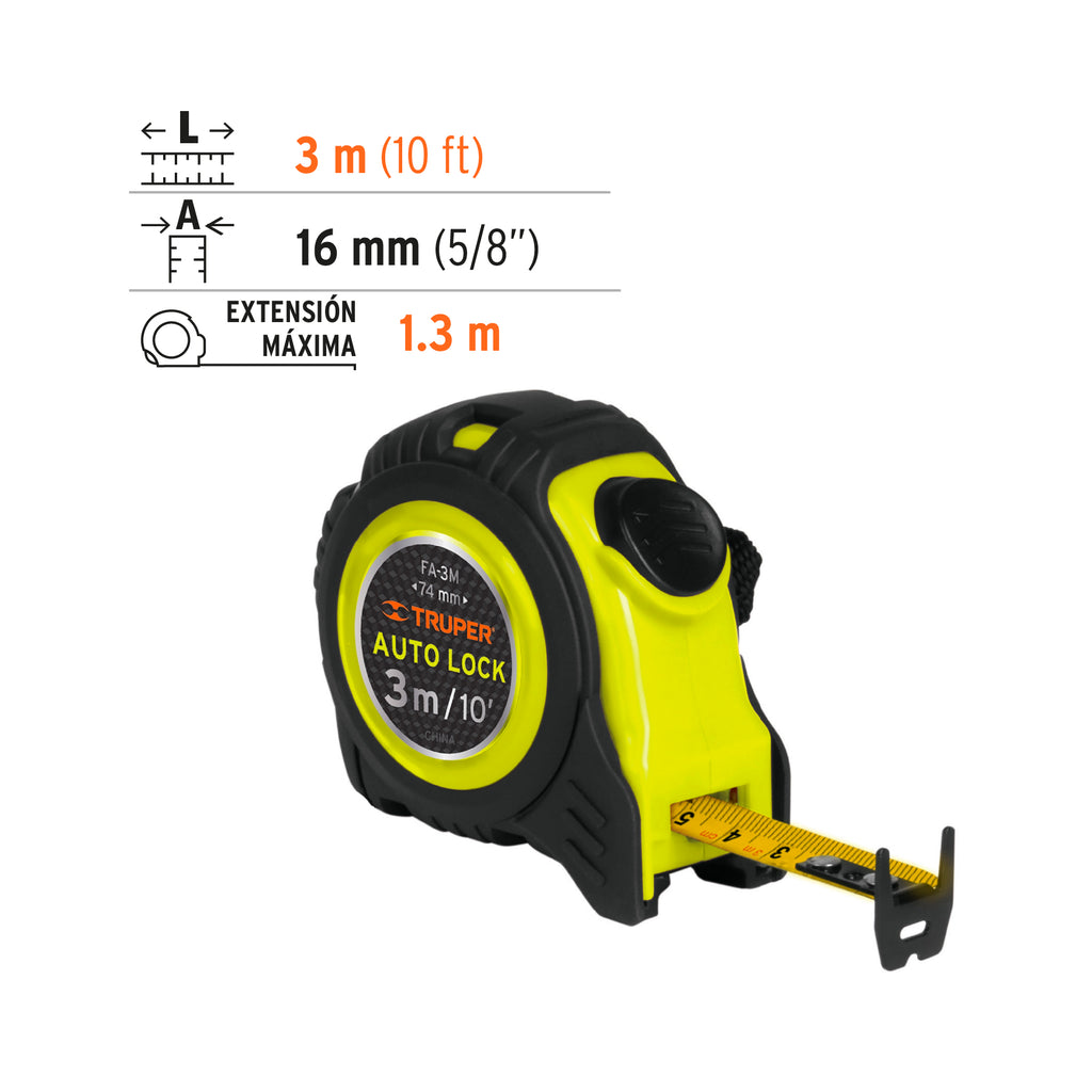 Flexómetro Auto-Lock contra impactos 3 m cinta 16 mm TRUPER FA-3M (10746)