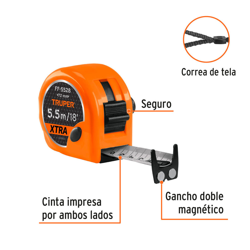 Flexómetro XTRA 5.5 m cinta extra ancha 28 mm, TRUPER FF-5528 (15385)