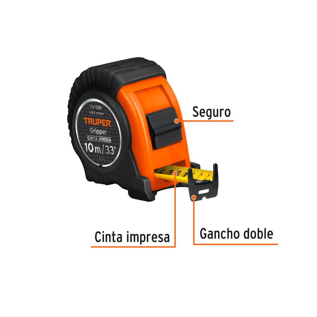 Flexómetro Gripper contra impactos 10 m cinta 32 mm, TRUPER FH-10M (14582)