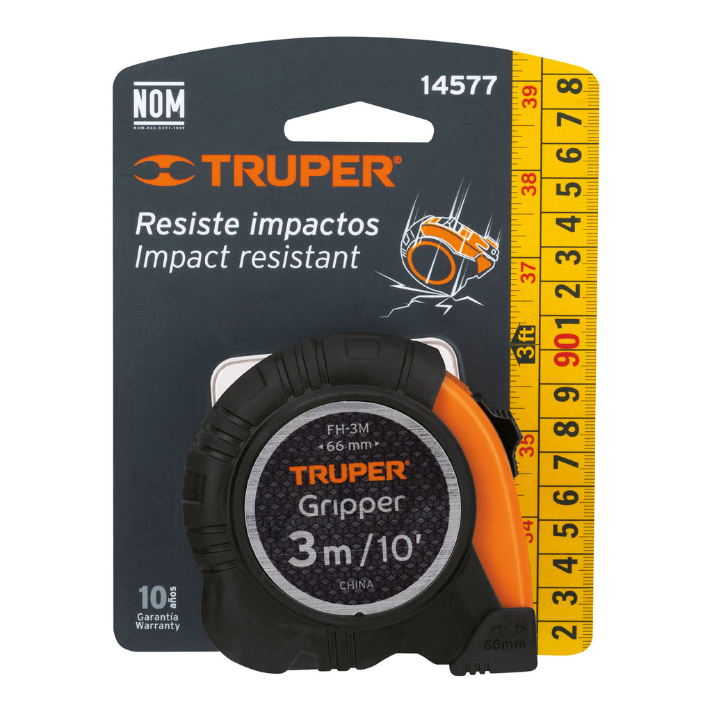 Flexómetro Gripper contra impactos 3 m cinta 13 mm, TRUPER FH-3M (14577)