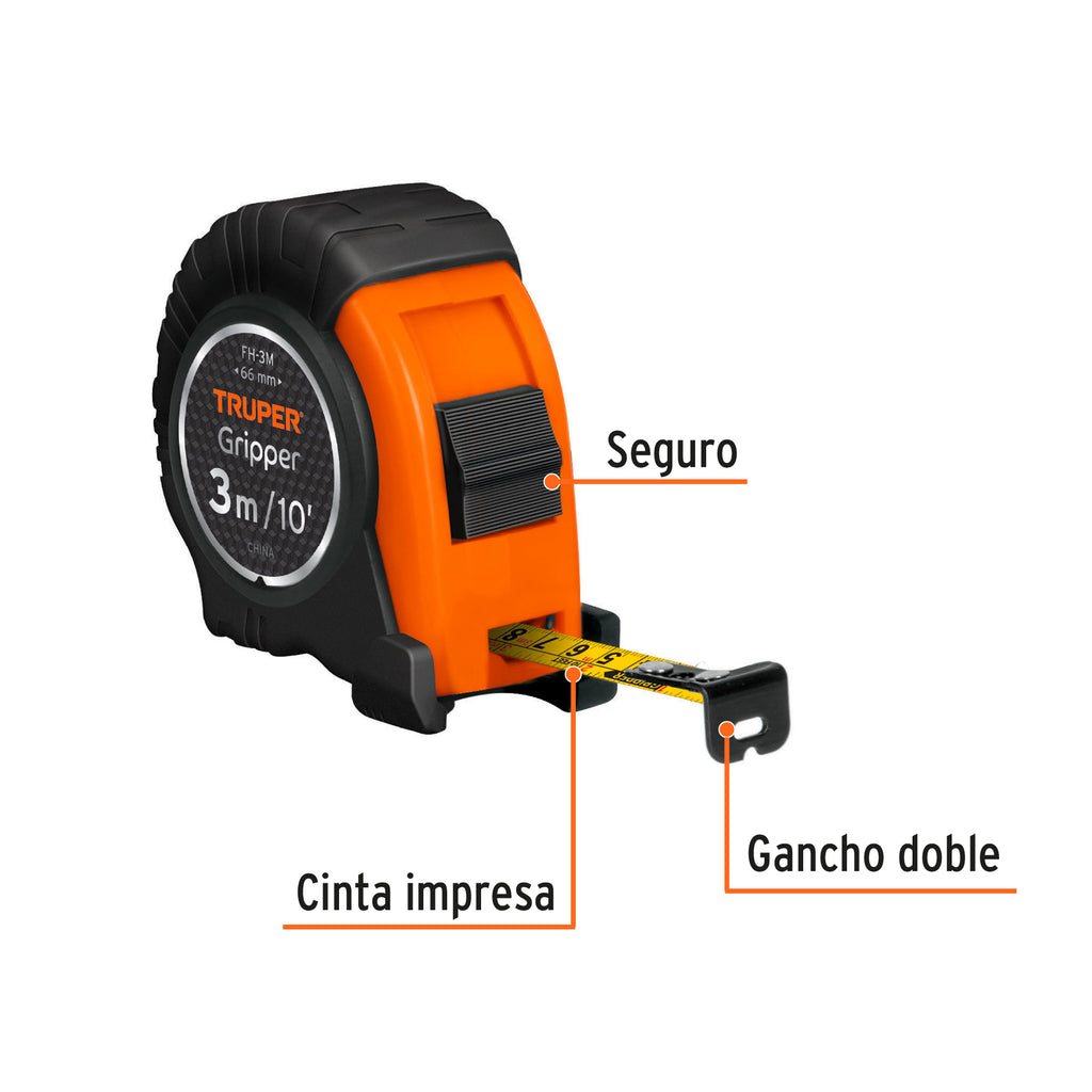 Flexómetro Gripper contra impactos 3 m cinta 13 mm, TRUPER FH-3M (14577)