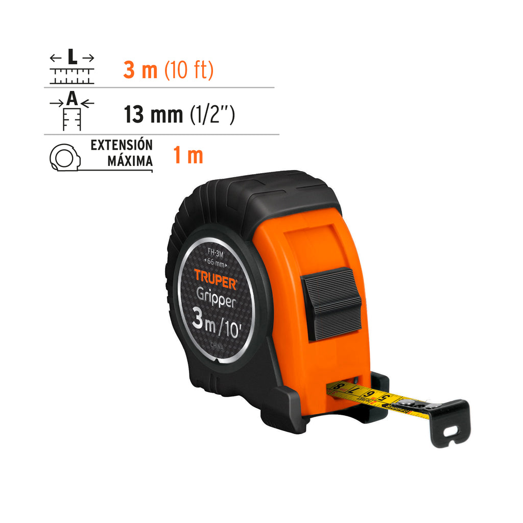 Flexómetro Gripper contra impactos 3 m cinta 13 mm, TRUPER FH-3M (14577)