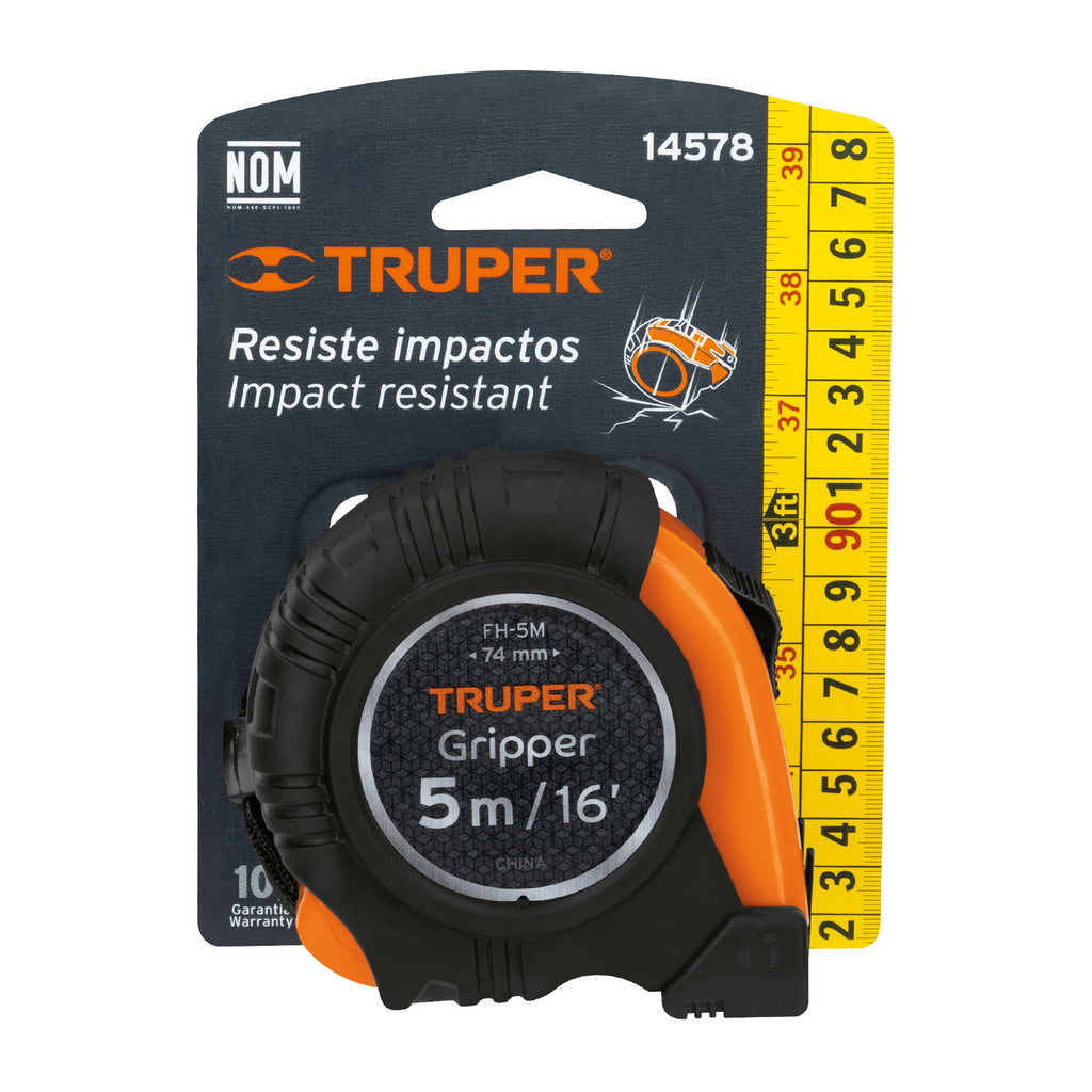 Flexómetro Gripper contra impactos 5 m cinta 19 mm, TRUPER FH-5M (14578)