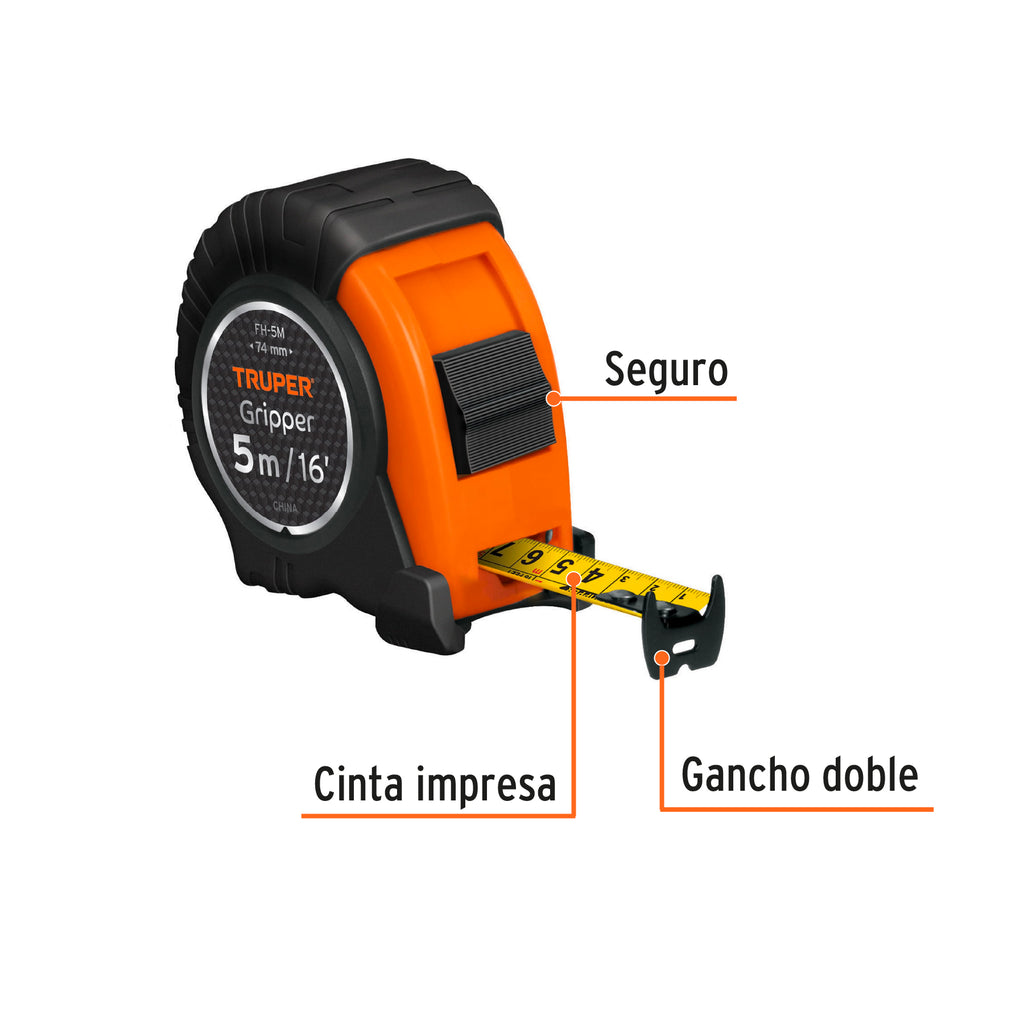 Flexómetro Gripper contra impactos 5 m cinta 19 mm, TRUPER FH-5M (14578)