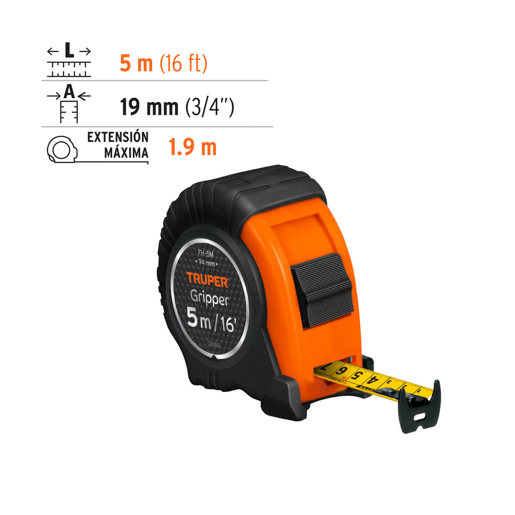 Flexómetro Gripper contra impactos 5 m cinta 19 mm, TRUPER FH-5M (14578)