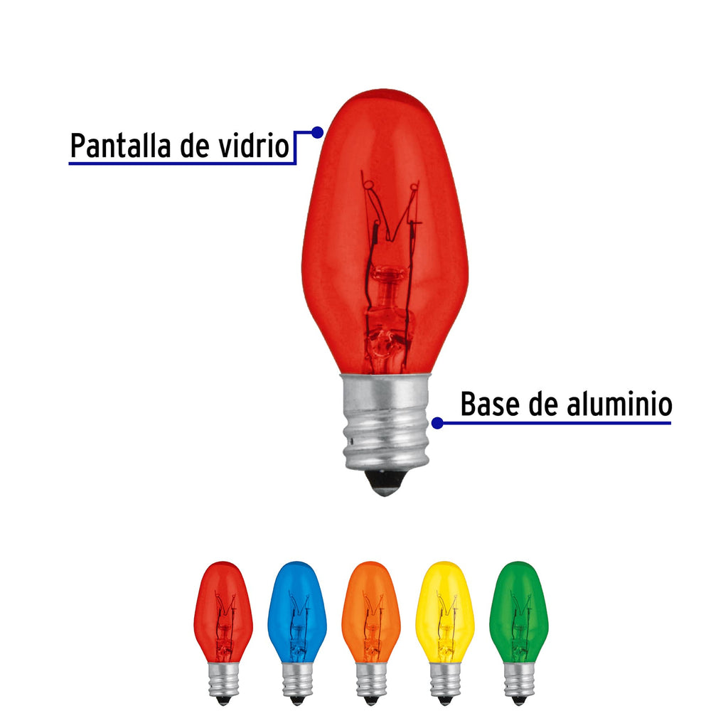 Focos incandescentes de colores base E12 7.5W 1pz, VOLTECK FI-50C (46822)