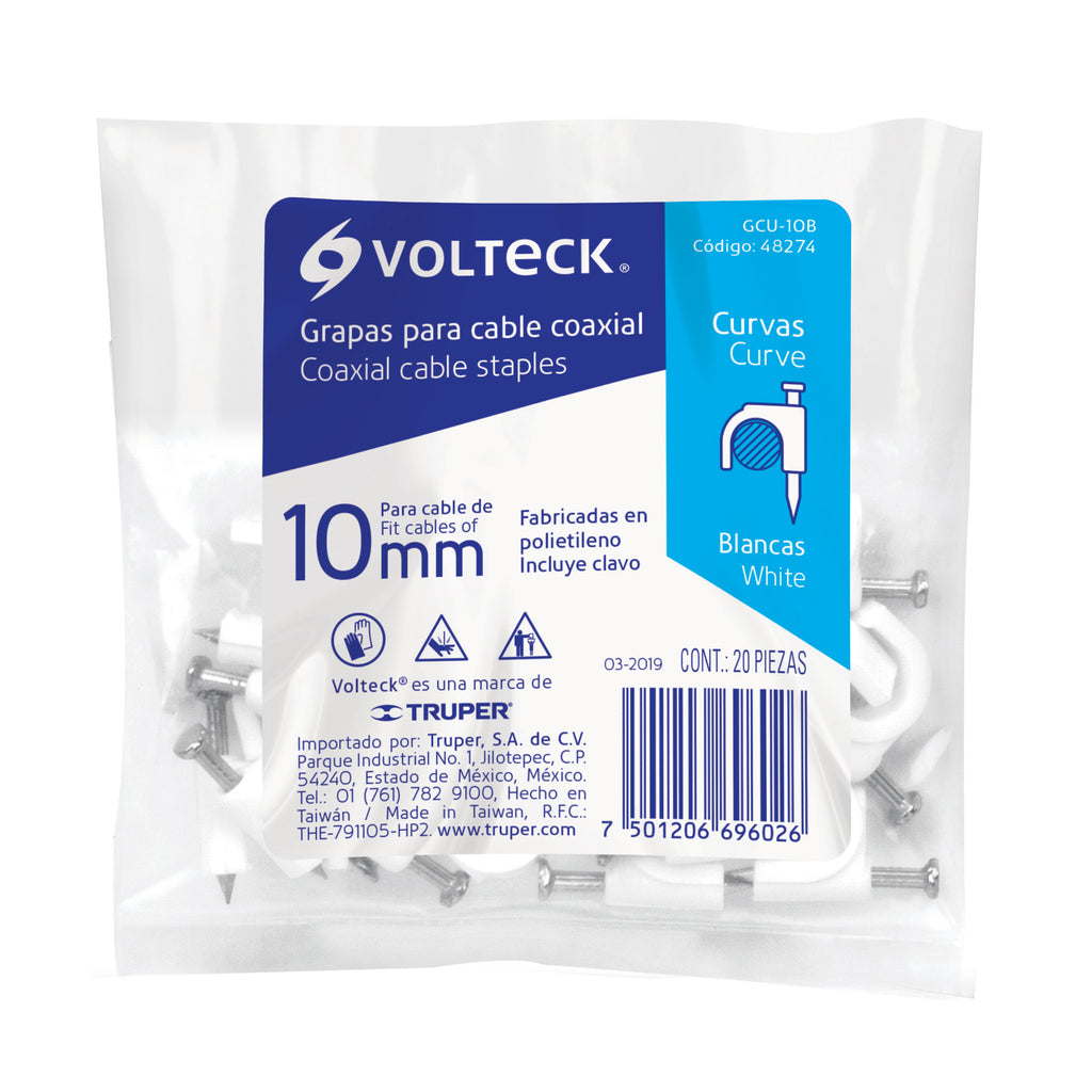 Grapas blancas de 10 mm para cable redondo, bolsa con 20pz, VOLTECK GCU-10B (48274)